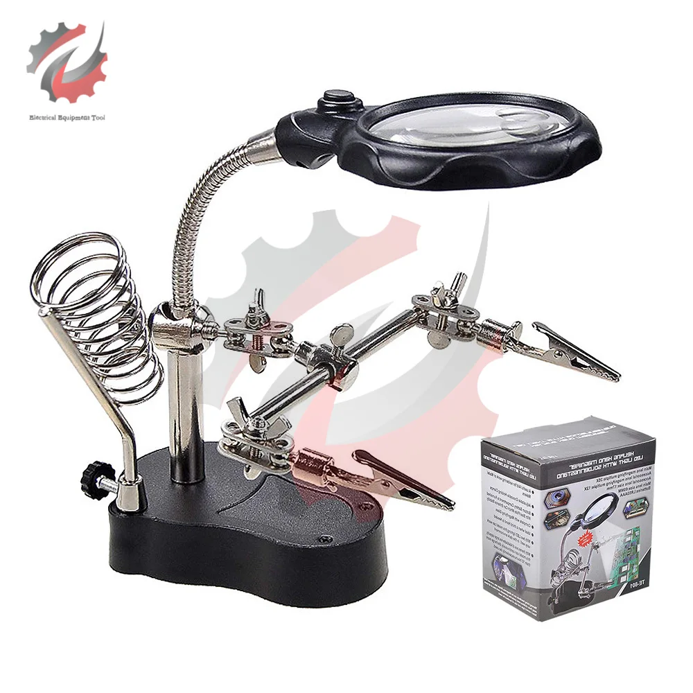 Soldering Iron Station Stand Welding Magnifying Glass Clip Clamp Third Hand Helping Desktop Magnifier Soldering Repair Tool LED