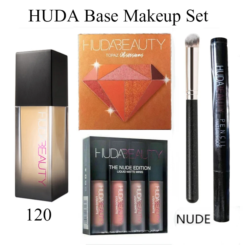 Juego de maquillaje Base HUDA, 4 piezas, Base, lápices labiales, sombra de ojos, rímel, pestañas, pincel, belleza, maquillaje de larga duración, resistente al agua