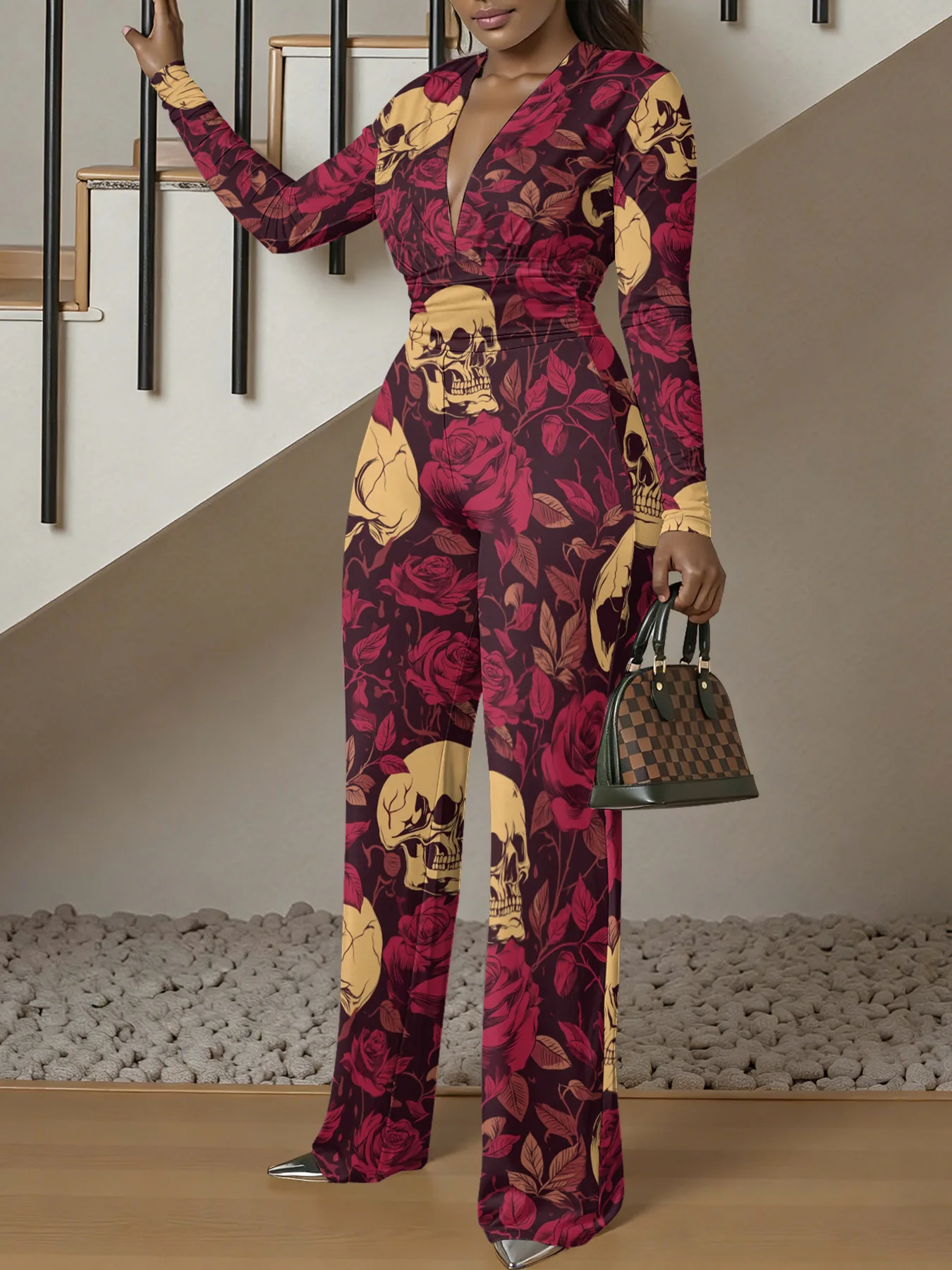 Macacão justo de manga comprida com decote em V, ideal para o outono, feminino, elástico, peça única, para a primavera, roupa de rua de luxo, para fes