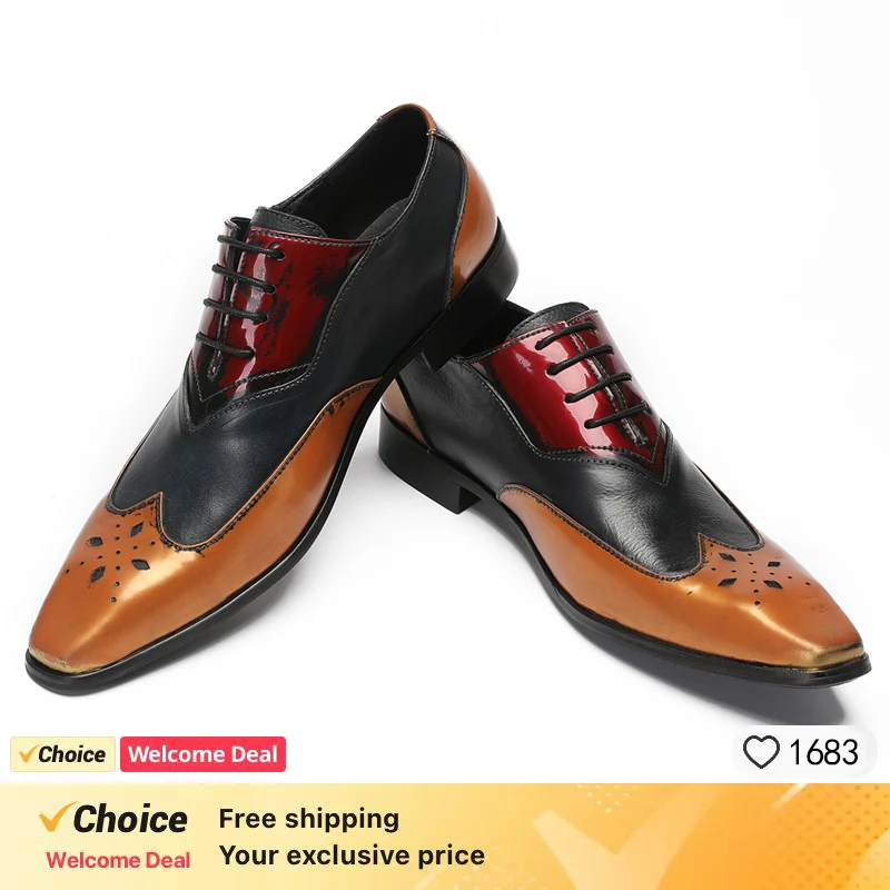 

Luxury brand men's Oxford shoes, lace up pointed mixed color men's formal wear derby shoes men's wedding office leather shoes