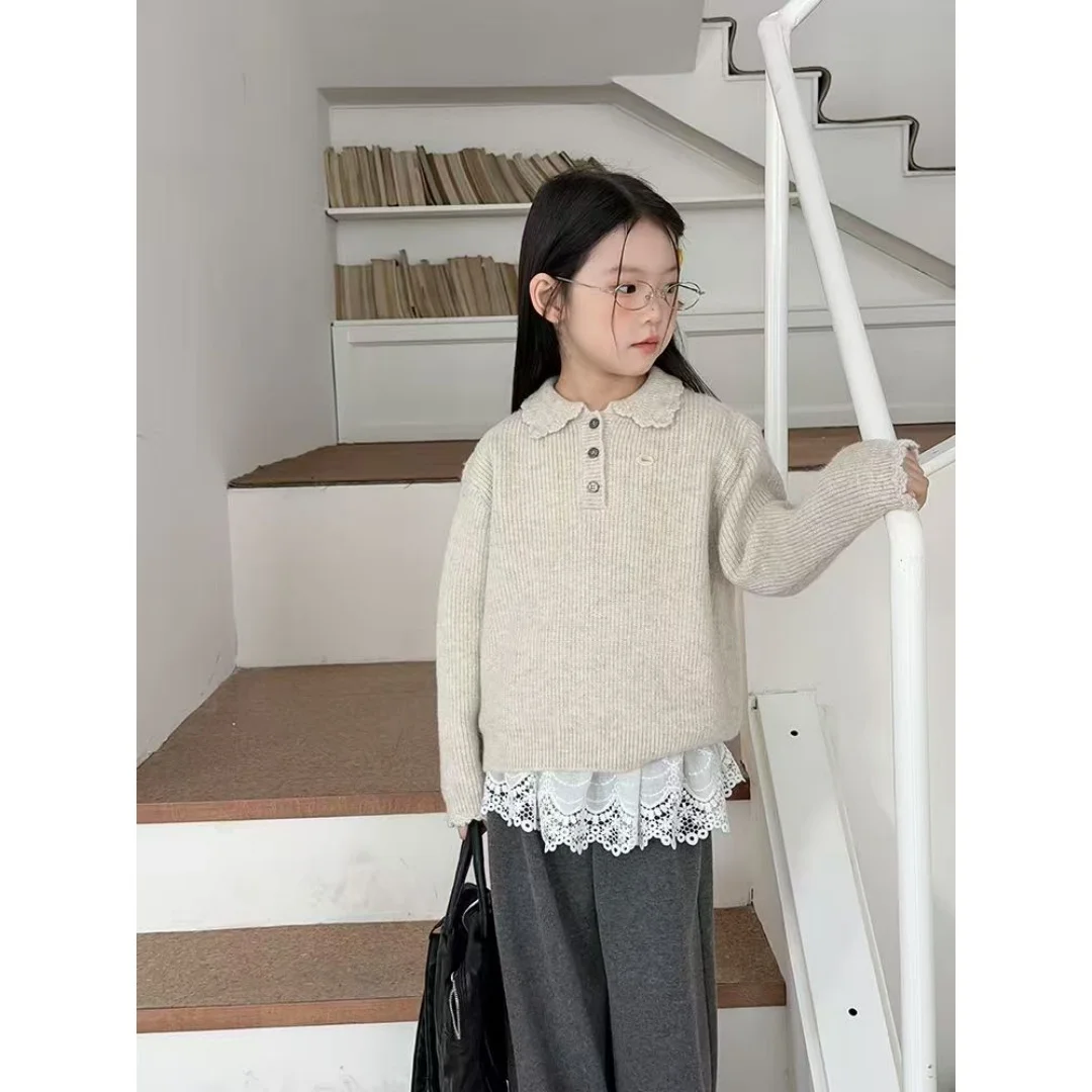 Children's Knitted Sweater Sweet Top Casual Western Style Baby Academy Hairy Thread Coat Girls' Lace Collar Sweater