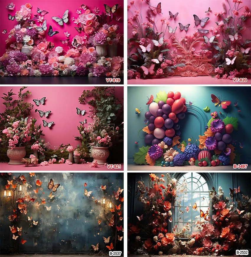 Photography Background Vintage Texture Wall Butterfly Pink Flowers Girls Birthday Portrait Decor Backdrop Photo Studio