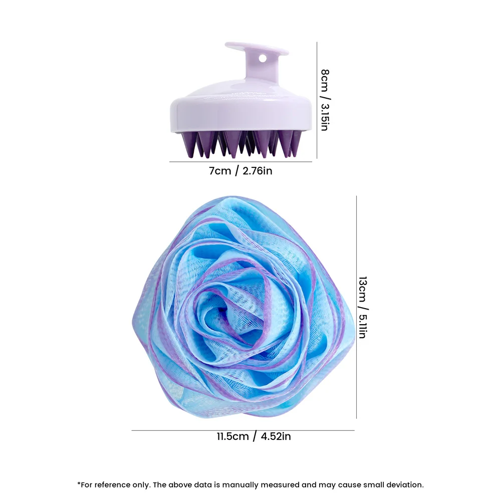 부드러운 실리콘 강모와 머리 관리 및 바디 클렌징을 위한 장미 모양의 목욕 스폰지 세트가 포함된 두피 마사지 브러시