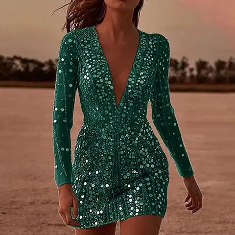 Sexig djup V-ringning långärmad glansig klänning elegant paljett damklänningar chic enfärgad glitter omlottklänning med höfter 10 best sales bronsklänning - №9