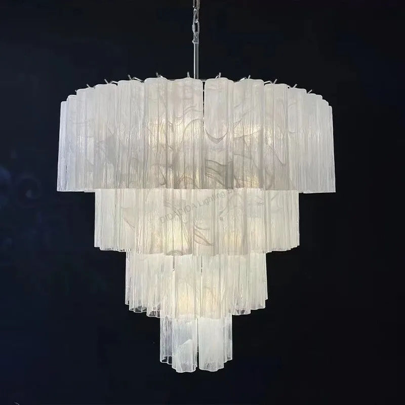 Lampu Gantung Tabung Kaca Murano Nordic Bentuk Lingkaran Kaca Putih Buram Abu-abu Asap Baja Tahan Karat Dapat Diredupkan Lustre