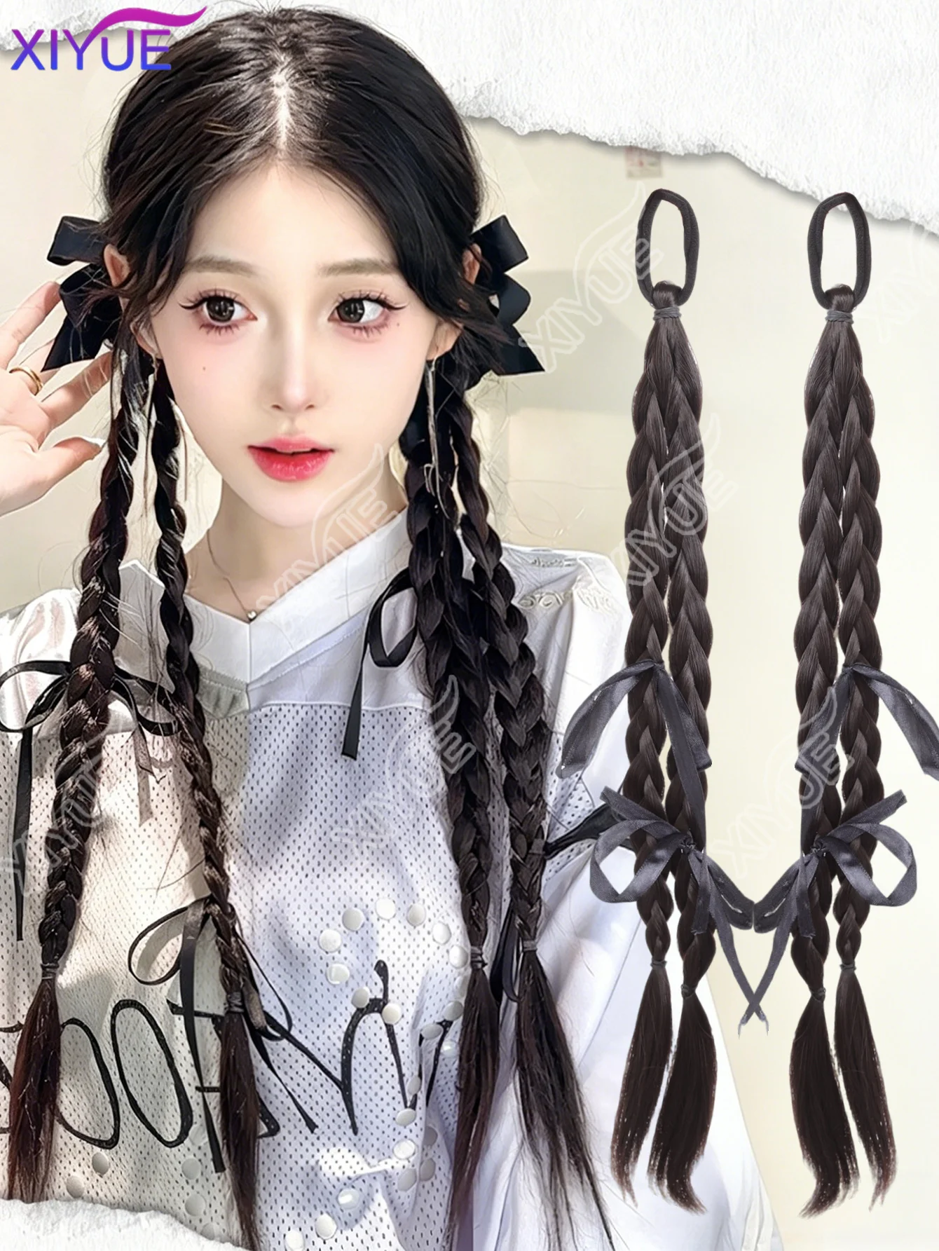 XIYUE Twisted Braid Hair Rope Ribbon Bow Soft Synthetic False Braided Ponytail Extensions with Hair Ties Women Hairpieces
