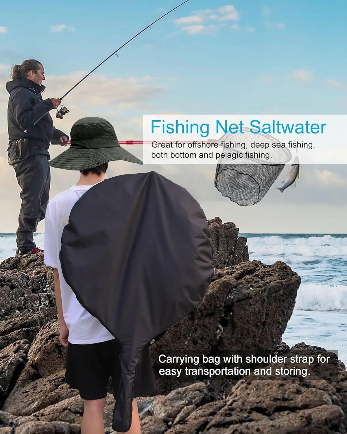 Large Heavy Duty Rubber Fishing Net with Telescoping Handle, Extends to 72-94in for Saltwater Fish