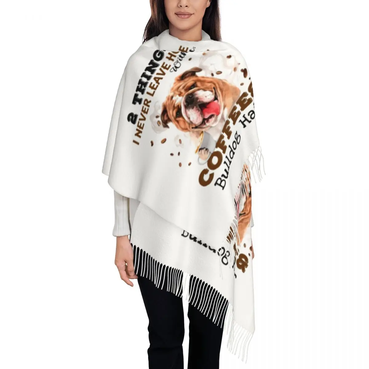 Custom Funny Coffee And Bulldog Quotes Scarf Wrap for Women Long Winter Warm Tassel Shawl Unisex Scarves