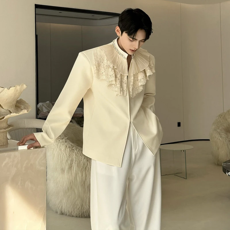 LUZHEN 2026 New Personalized Lace Patchwork Stand Collar Diamond-Embellished Blazer Coat Men Fashion Luxury Casual Jacket JY6215