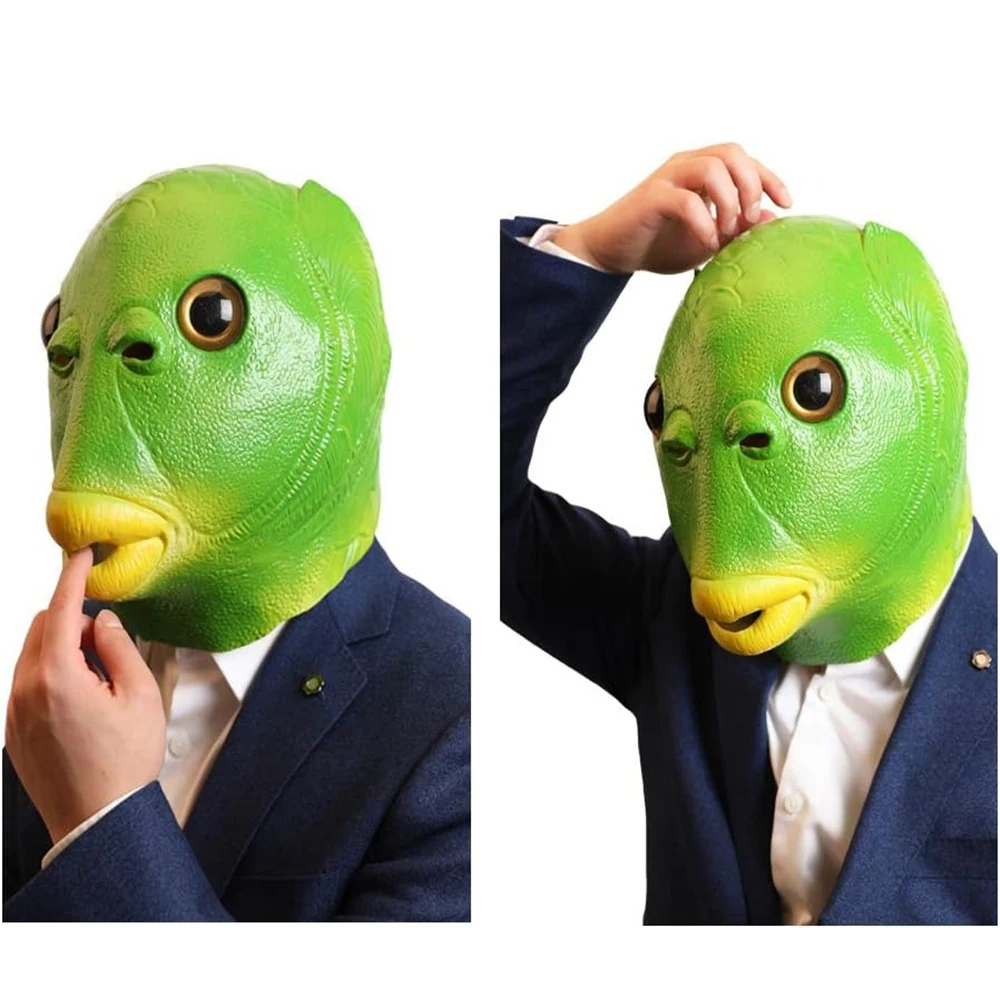 Testa di pesce verde di Halloween Testa di pesce rosso Divertente costume cosplay Maschera Festa di carnevale per adulti Maschera per testa di pesce Copricapo per il primo di aprile