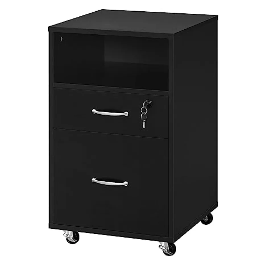 

Under Desk Vertical File Cabinet with 2 Drawers and Open Compartment Lockable Wheels Printer Stand for A4 Letter Size Hangable