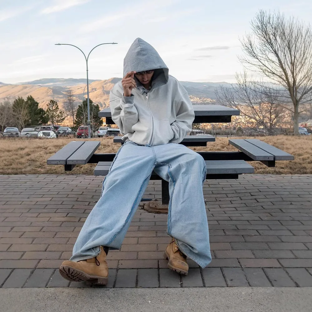 سويت شيرت بسحاب مقسم بلون سادة مخصص للشارع بأكمام طويلة للرجال والنساء مع قلنسوة وسترة كلاسيكية