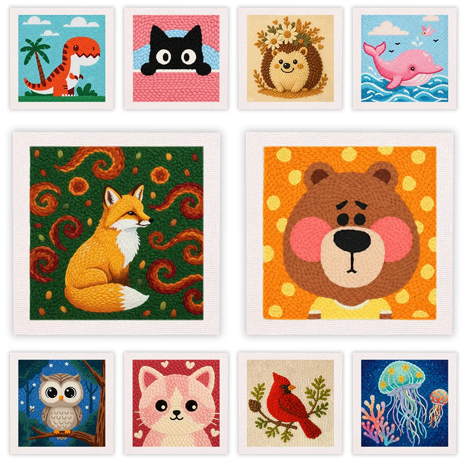 CHENISTORY Punch Embroidery Needle Animals Embroidered Pattern Punch Needle Package Embroidery Kit for Beginners Dopamine Decor