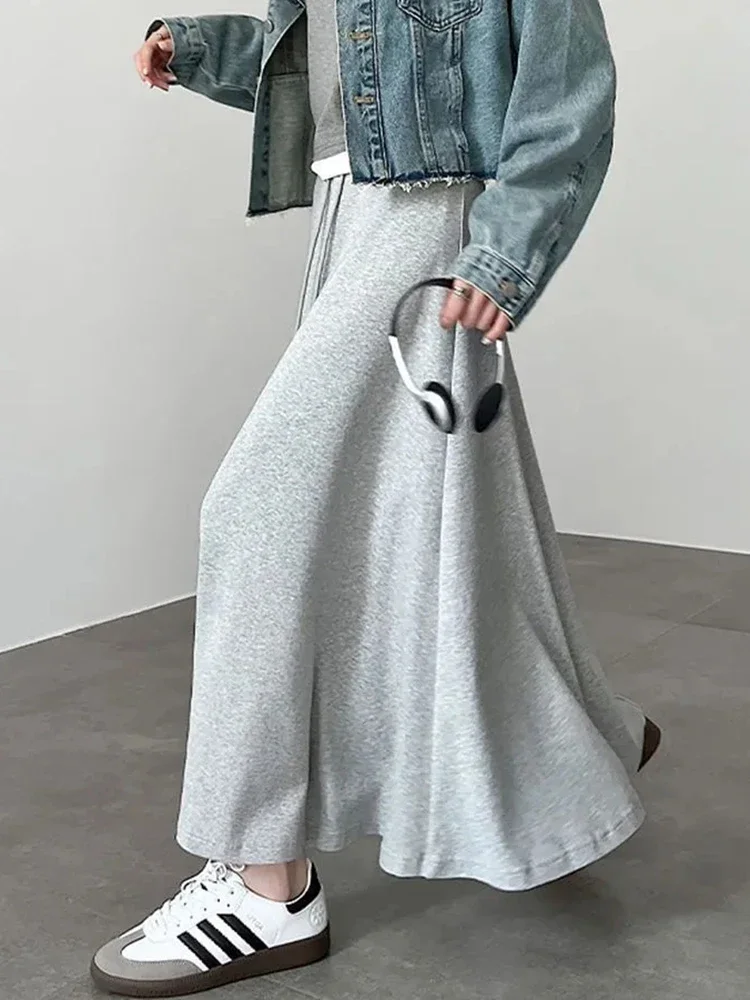 

Casual Korean Gray Long Skirts Women High Waist Preppy Style Cute Skirt Spring Vintage Female Elegant Simple A Line Skirts