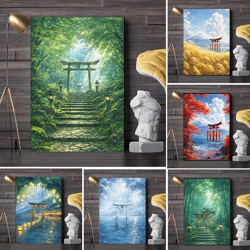 Póster de paisaje japonés, puerta Torii, Monte Fuji, impresión en lienzo, bosque tranquilo, camino del santuario, aldea de montaña