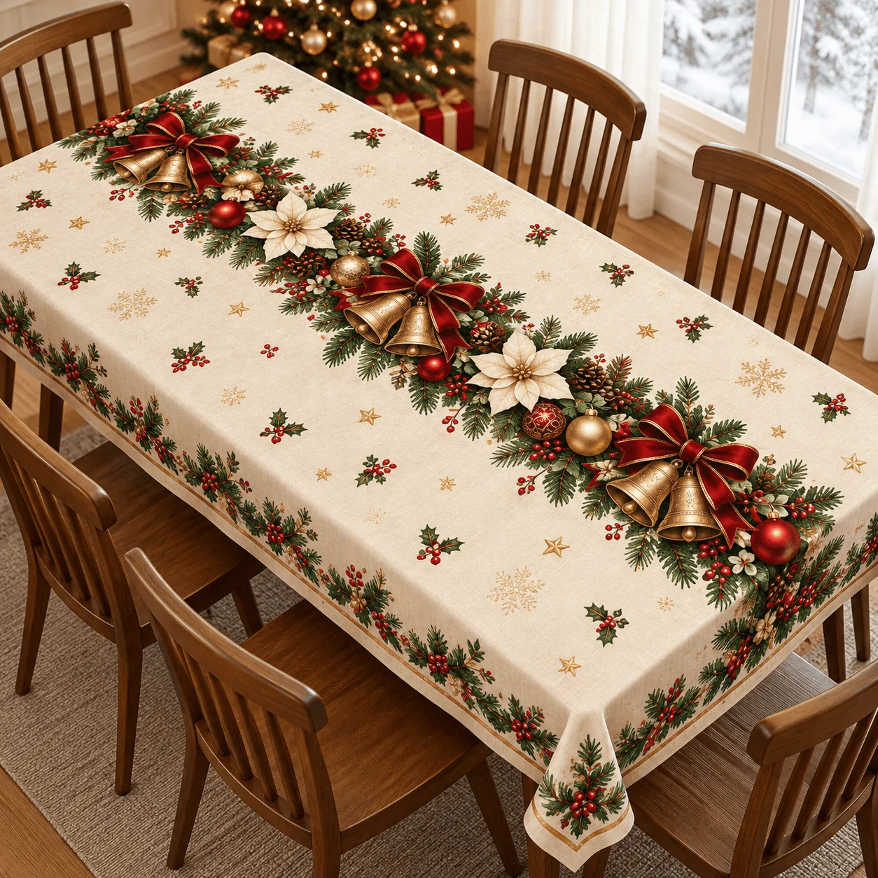 1 square Christmas tablecloth in beige with red bow, golden bells, pine branches and white flower print
