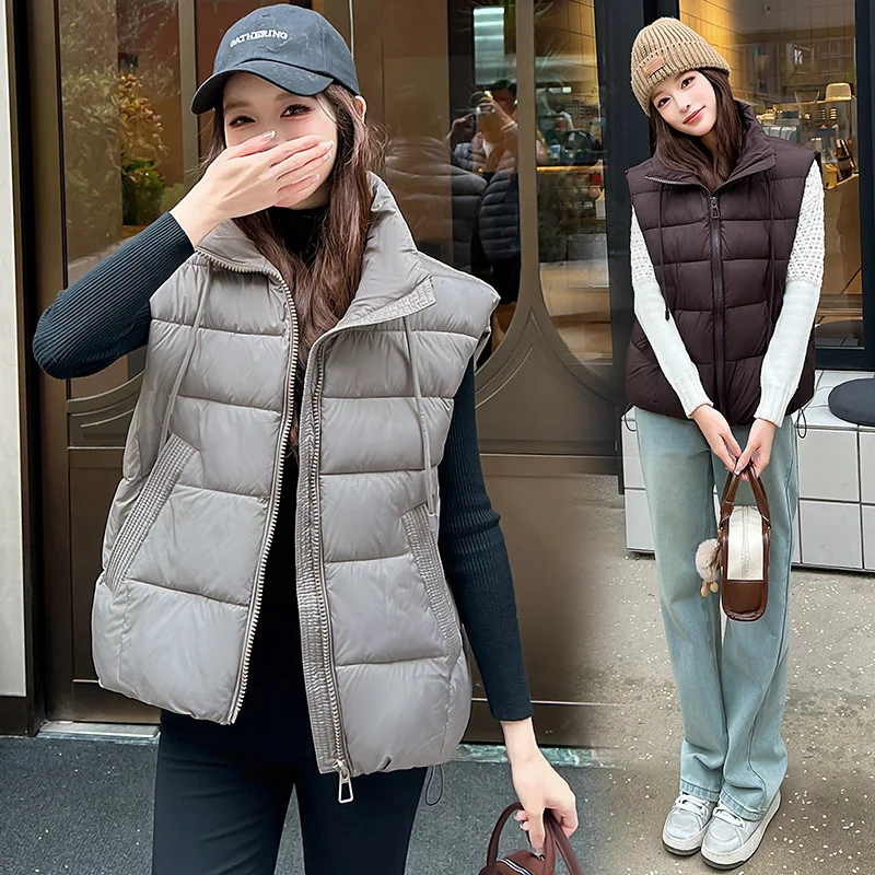 Solid Loose Quilted Padded Women Vest Jackets Autumn Winter Sleeveless Stand Collar Zipper Pockets Windproof Outer Garment