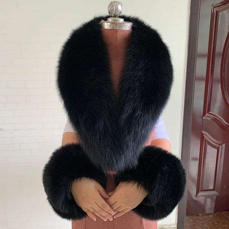 2024 Winter Fur Scarf Women Real Fox Fur Collar And Cuffs Set For Coat Jacket Neck Warmer Scarves Luxury Furry Scarf Shawls