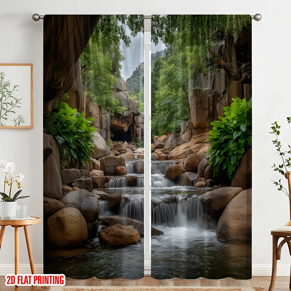 2pcs Mountain Stream Waterfall Curtains Nature Landscape Print Blackout Drape Living Room Bedroom Window Treatment