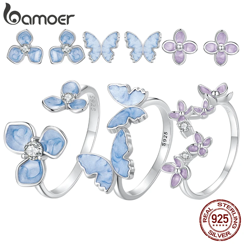 Bamoer 925 Sterling Silver Original Blue Butterfly Ring Lilac Flower Earrings for Women Jewelry Set Anniversary Engagement Gift