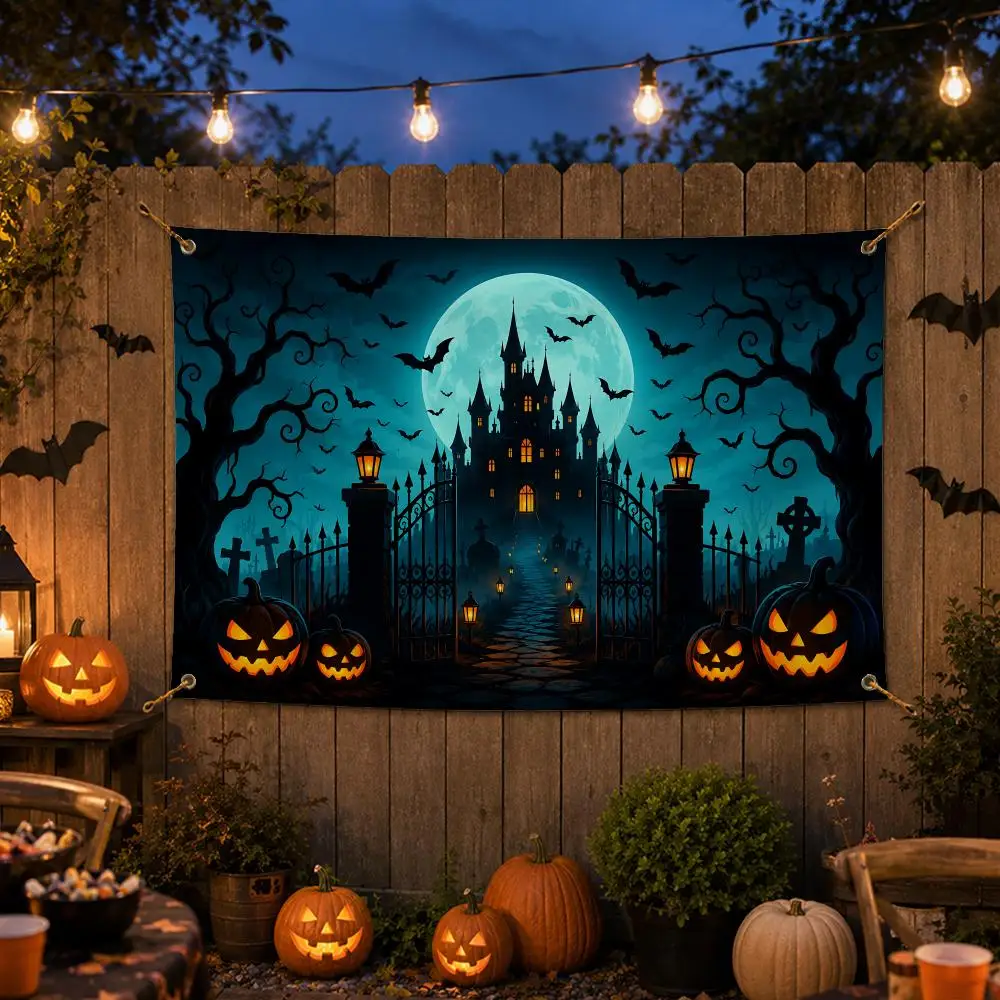 Halloween Silhouette Flags Spooky Halloween Wall Hanging Banner Washable Fade‑Resistant Indoor Outdoor Party Decor
