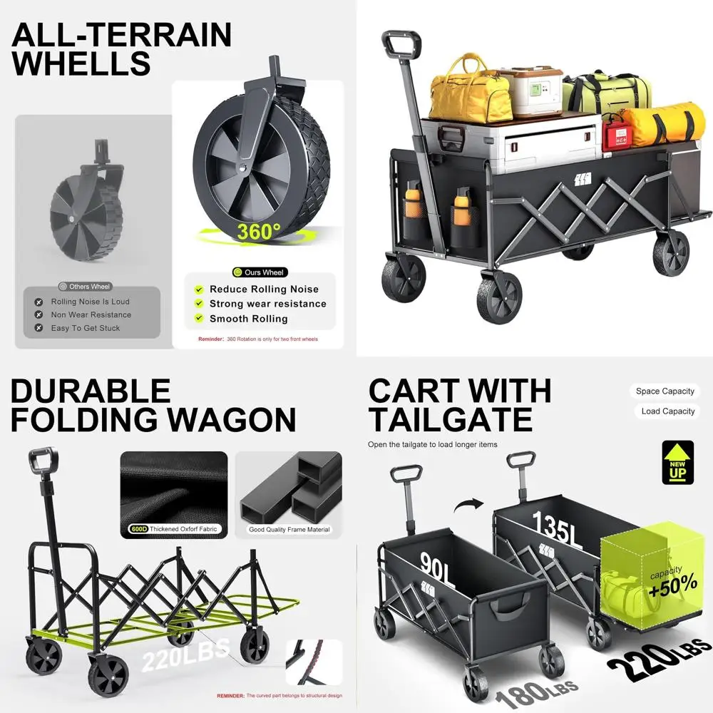 

Folding Utility Wagon with Extended Handle, Heavy-Duty Portable Cart for Shopping, Groceries, Gardening, Camping, and Outdoor Ac
