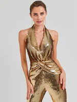 VC Gold Elegant Jumpsuits For Woman Luxury Brown Sequins Design Fashion Party Sexy Backless Sleeveless One Piece Female Clothing - Image 3
