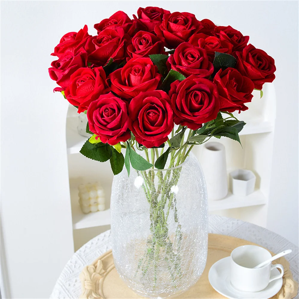 1pcs Rose Artificial Flower Silk Roses Burgundy Flower Fake Rose Bunch Bride Wedding Party Table Vase Decoration Home Decor 2024