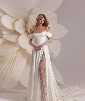 Eenvoudige Trouwjurken Een Lijn Sexy Een Lijn Split Applicaties Dames Bruidsjurken Off Schouder Satijn Elegante Vestidos Aangepast