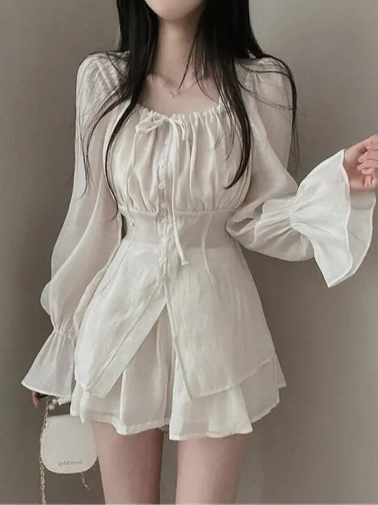 Chic Sun Protection Bell Sleeve High Waist Short Pants Set Long Sleeve Shirt Top Korean Style Women's Fashion Spring Autumn W...