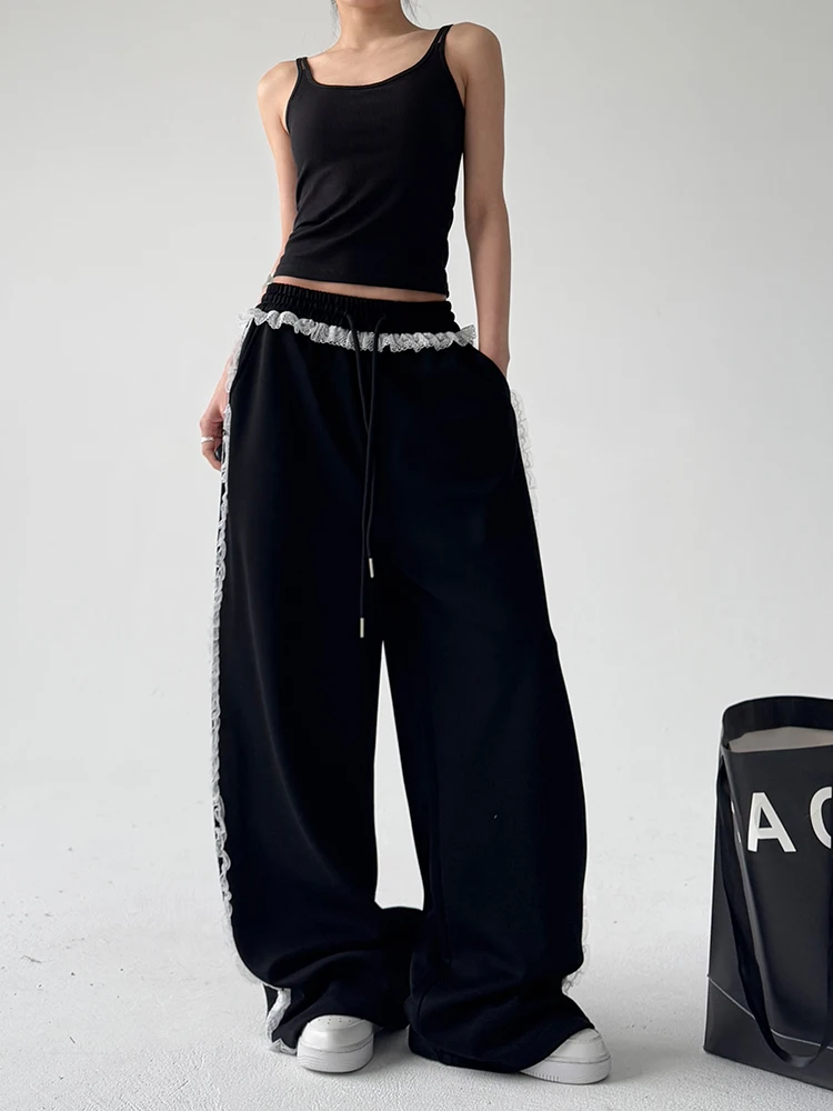 Retro Lace Splice Straight Leg Casual Sports Pants Women's High Waist Cotton Polyester Blend Comfortable Slimming Trousers