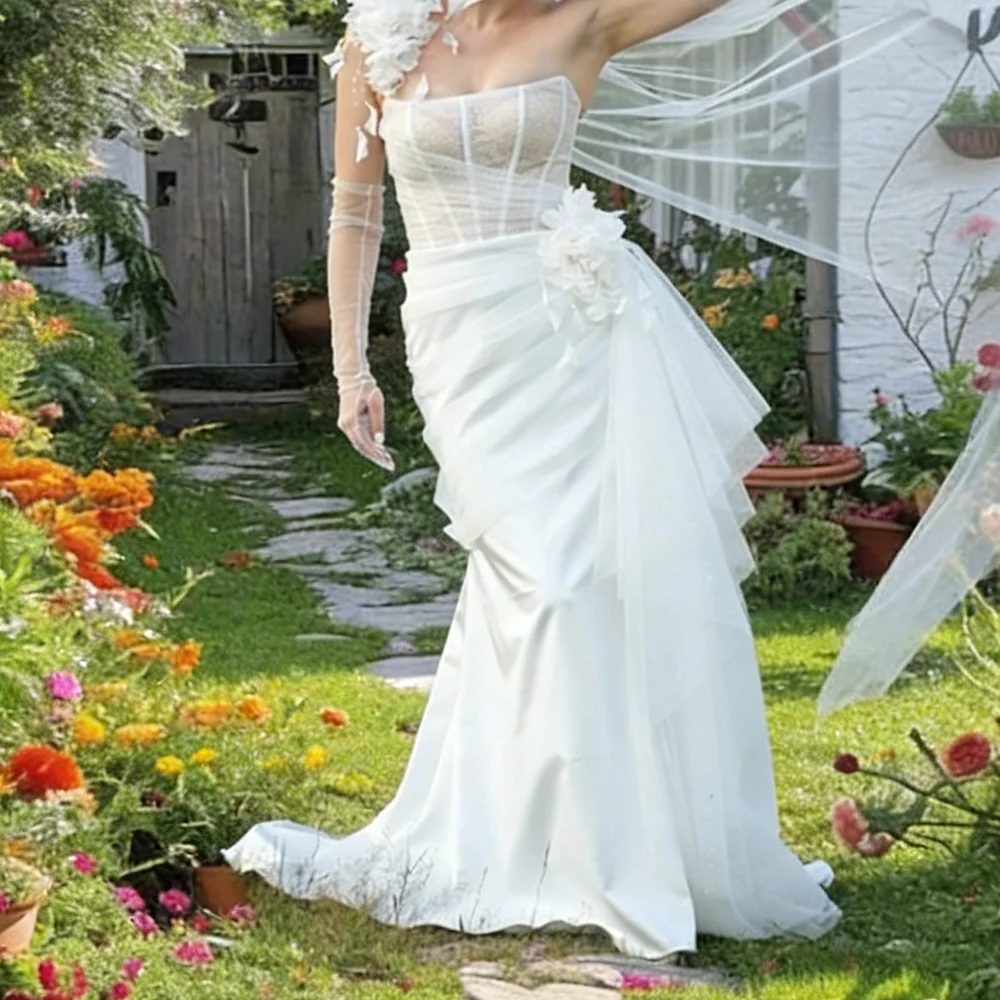 

Elegant One Shoulder Appliquins Flowers Sleeveless Mermaid Bride Wedding Dresses Bridal Gowns Customized