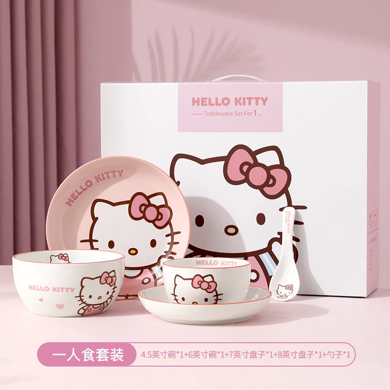 Hello Kitty Dishes Set Sanrios Anime Ceramics Bowl Kawaii My Melody Spoon Plate Combination Tableware Household Cute Gift