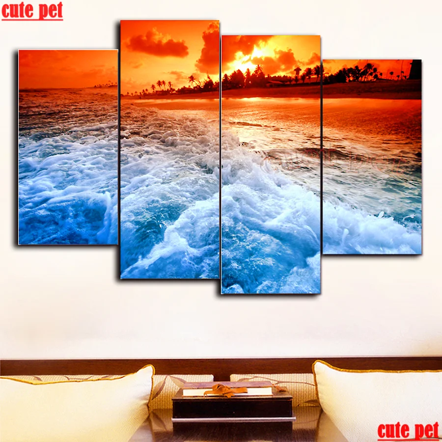 5d ronde diamant schilderij volledige boor vierkante zonsondergang golven mozaïek kruissteek zeezicht decor handgemaakte DIY borduurwerk cadeau 4PCS