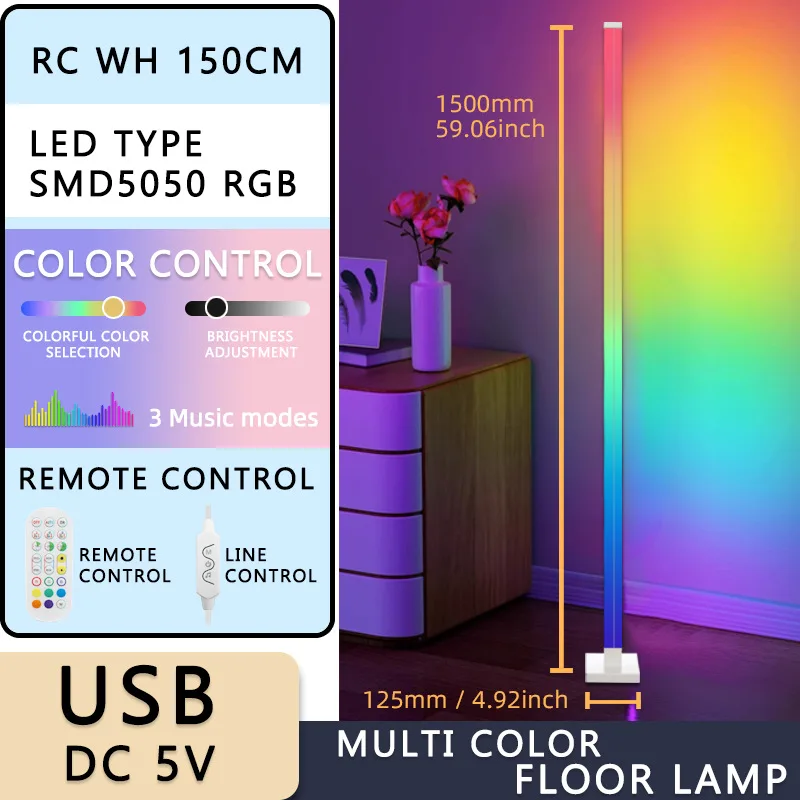 

Умный напольный светильник RGB с управлением через приложение, дистанционным управлением, музыкой, таймером, для создания атмосферы, современный торшер для спальни и гостиной