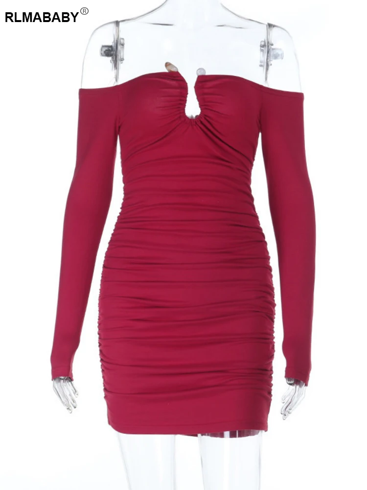 RLMABABY セクシーな背中の開いた長袖女性ボディコンミニドレスオフショルダーシャーリングひだ湯たんぽガールクラブパーティーショートスキニードレス