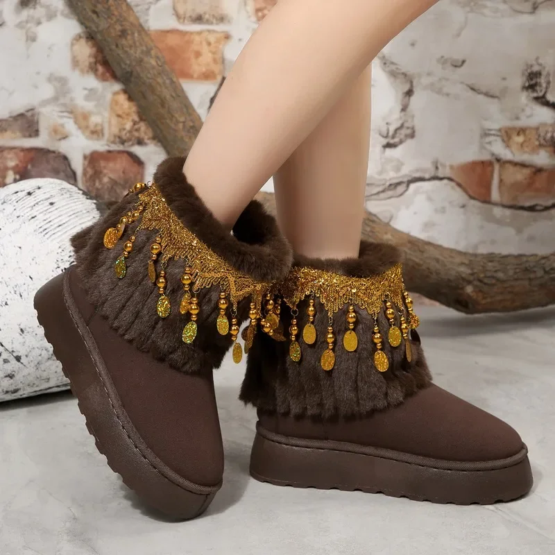 Winter New Round Toe Suede Tassel Sequin Cover Foot Warm Platform Non-Slip Wear-Resistant Flat Snow Boots Plus Size 41 42 43