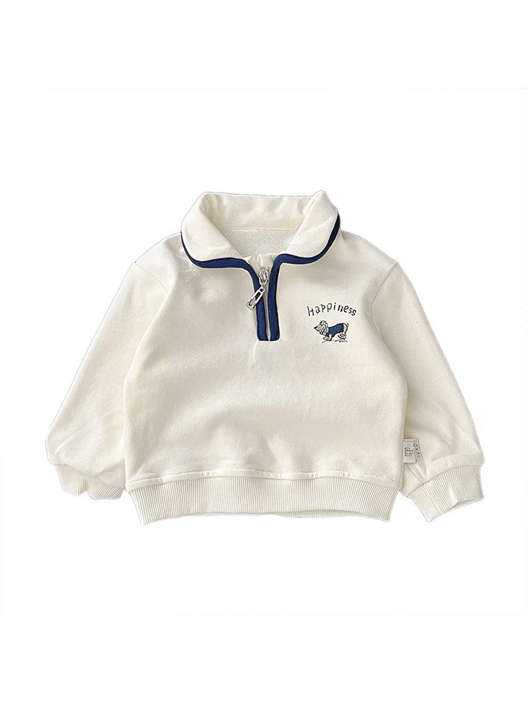 2024 Autumn New Baby Preppy Style Lapel Sweatshirt Cotton Infant Boys Casual Pullover Girls Cartoon Print Long Sleeve Tops