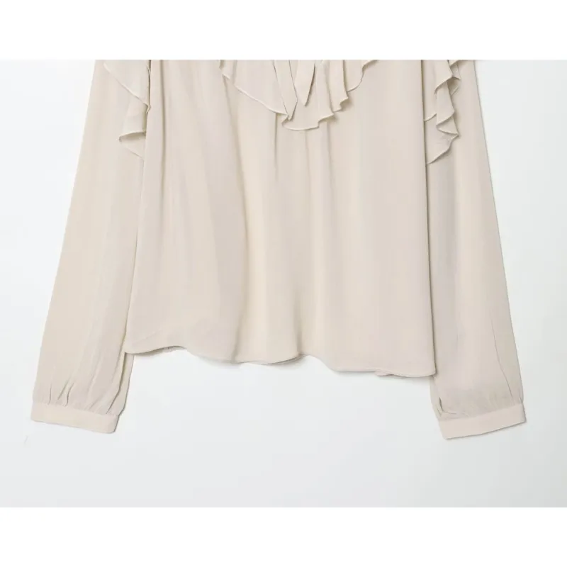 HipSeam Women Ruffled Blouse with Bow Autumn V Neck Long Sleeve Straight Hem Women's Shirt & Blouses Female Chic Tops