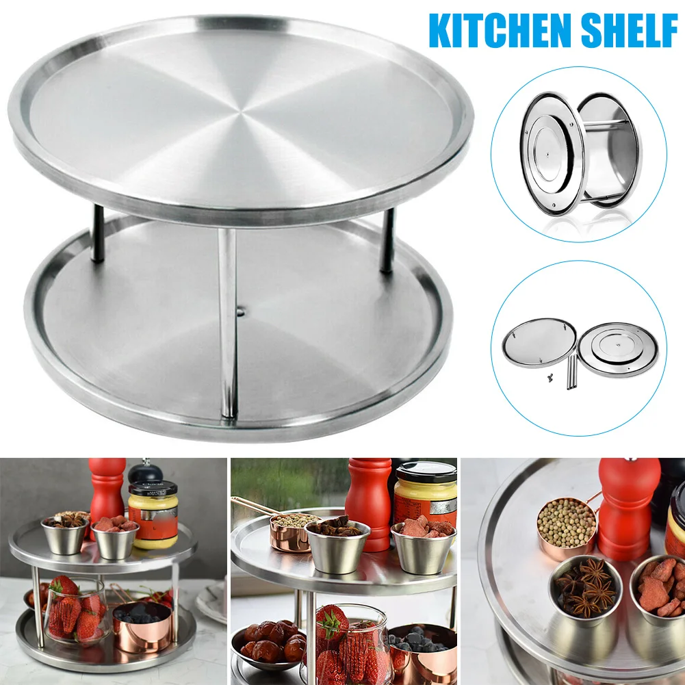 Stainless Steel Spice Rack Double-layer Turntable 360 Degree Rotating Organizer Tray For Kitchen Counters