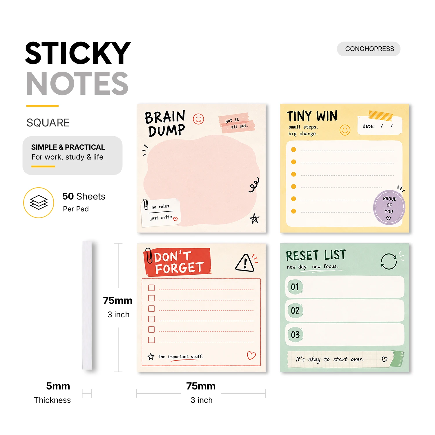 4 Pcs 200 Sheets Total Motivational Sticky Notes, 75x75mm 3x3 Inch, Brain Dump Tiny Win Reset List Memo Pads, Self-Adhesive