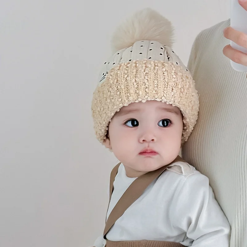 Chic Warm Baby Hat for Boy Girl Simplicity Black Dot Style Kids Knitted Hat Fury Ball Autumn Winter Thicken Plush Cotton Beanie