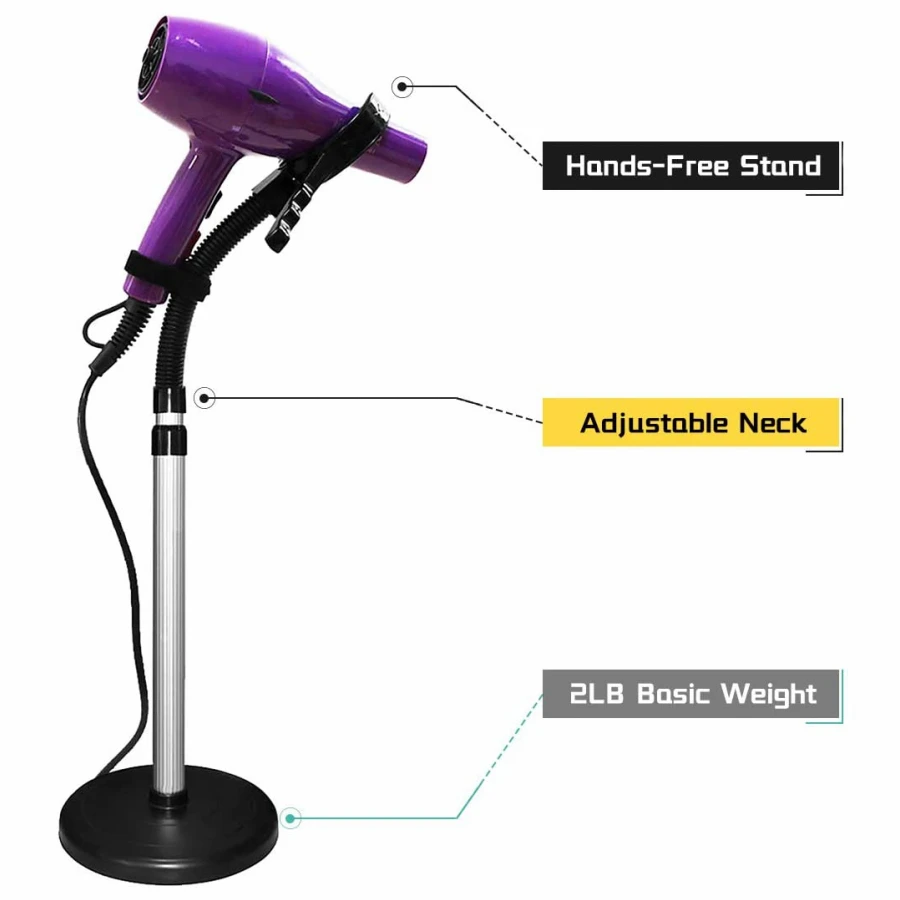 Adjustable 360 Degree Rotating Hair Dryer Stand with Heavy Base, Hands-Free Blow Dryer Holder, Countertop for Home Bathroom