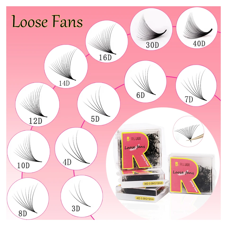 RUJADE Loose Fans Lashes Pointy Base Fans Mega Volume Eyelash Extension 5D 6D 8D 30D 40D Premade Fans Cluster Eyelash Extensions