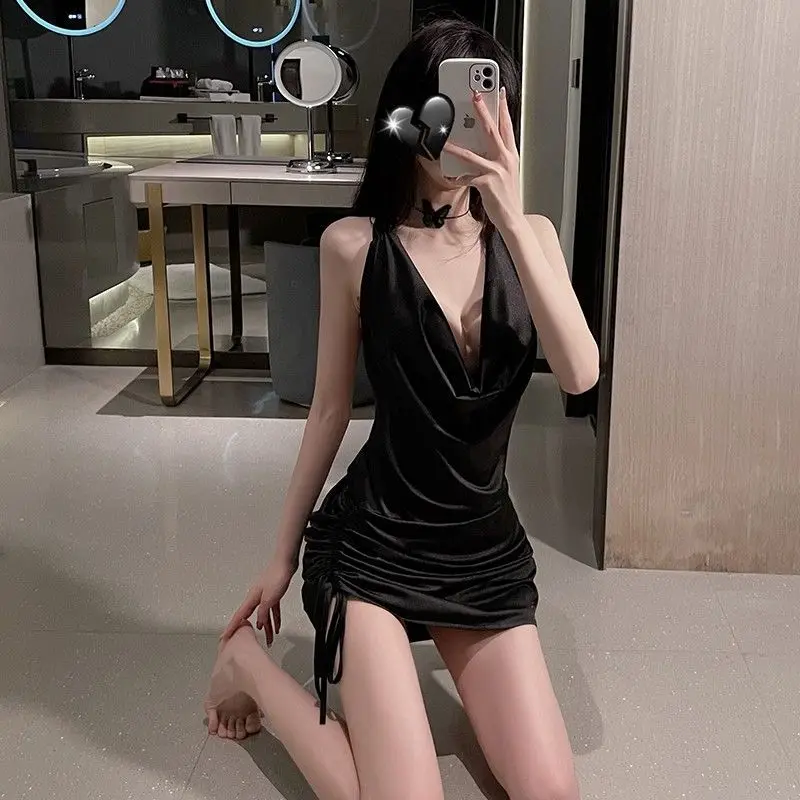 2024 Latest Women Sexy Pajamas Tight Halter Nightdress Backless Deep V Pyjamas Solid Color Chain Nightgown Drawstring Sleepwear