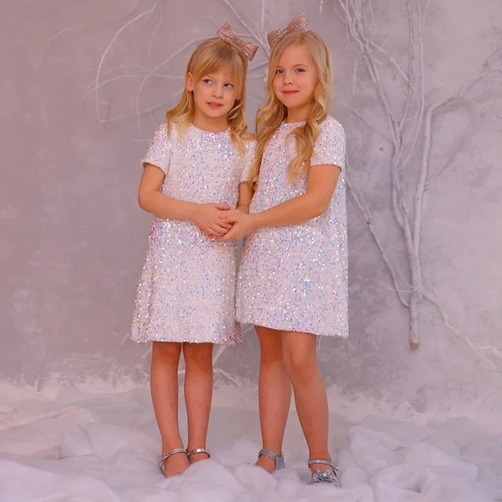 Robe de demoiselle d'honneur à sequins pour enfants, robes de soirée de mariage pour enfants, col bijou, manches courtes, mini robe de reconstitution historique d'anniversaire moderne