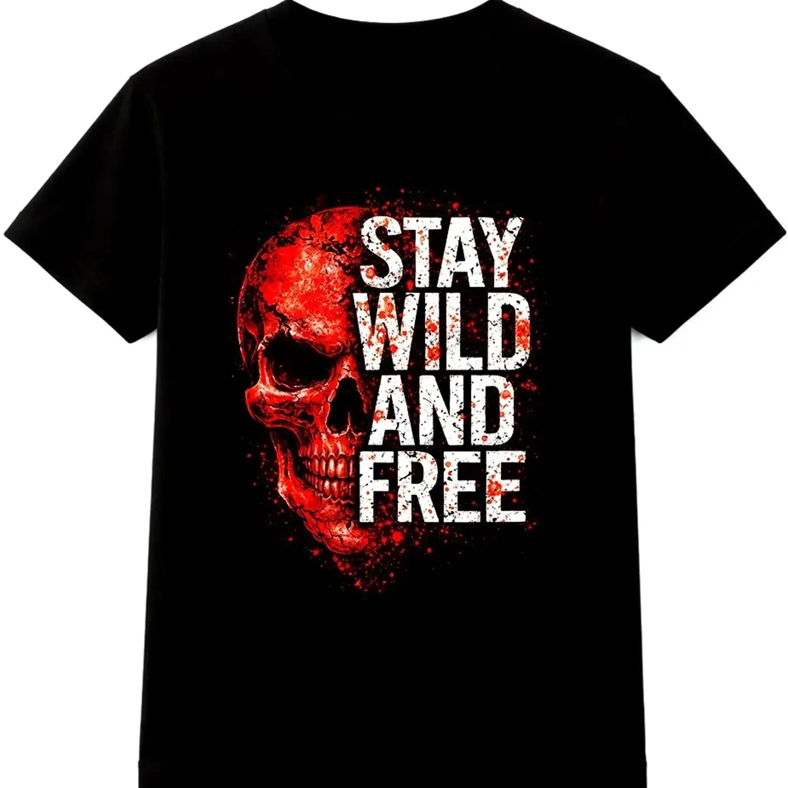 Skull T Shirt Stay Wild And Free Rebel Gothic Biker Vintage vintage Washed fashion Versatile graphic Breathable