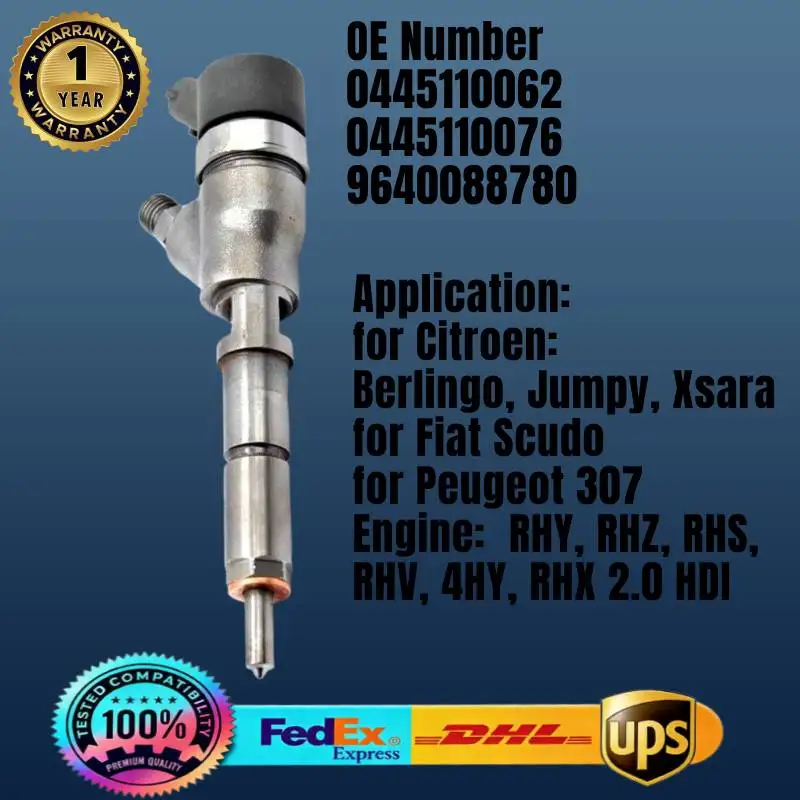 

0445110062 0445110076 0986435077 9640088780 198085 1980H7 Fuel Injector for Citroen C5 Fiat Scudo Peugeot 206 607 2.0 HDi