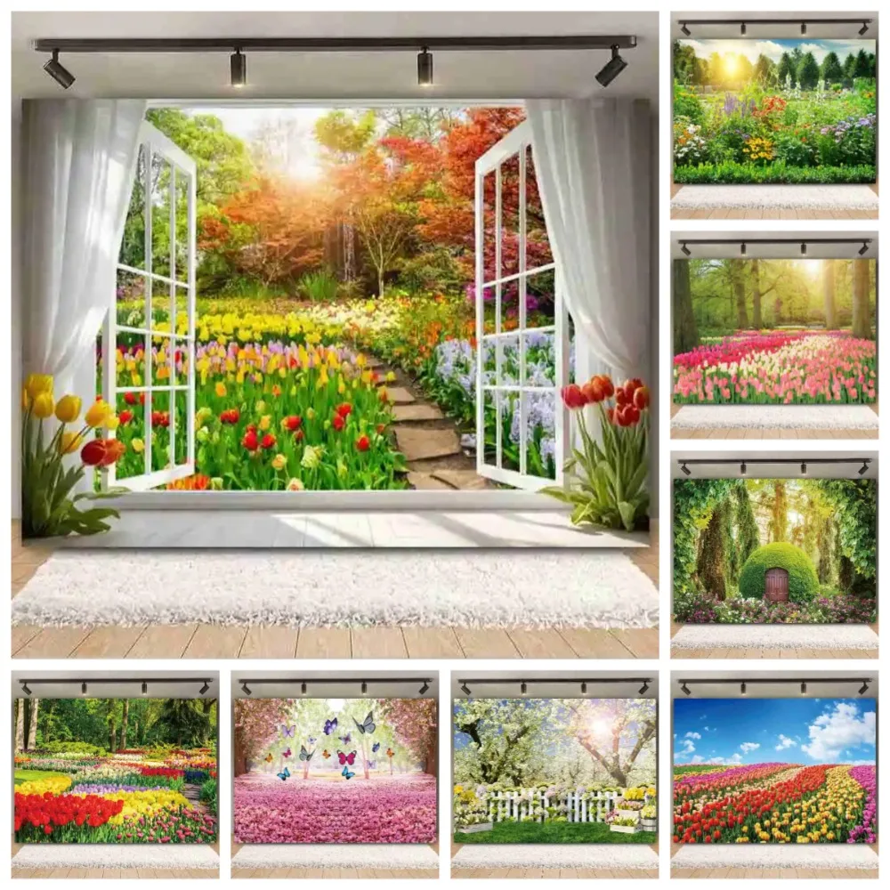 

Spring Natural Scenery Tulip Garden Banner Backdrop, Children and Adults' Birthday Parties, Home Decoration Photography Backdrop