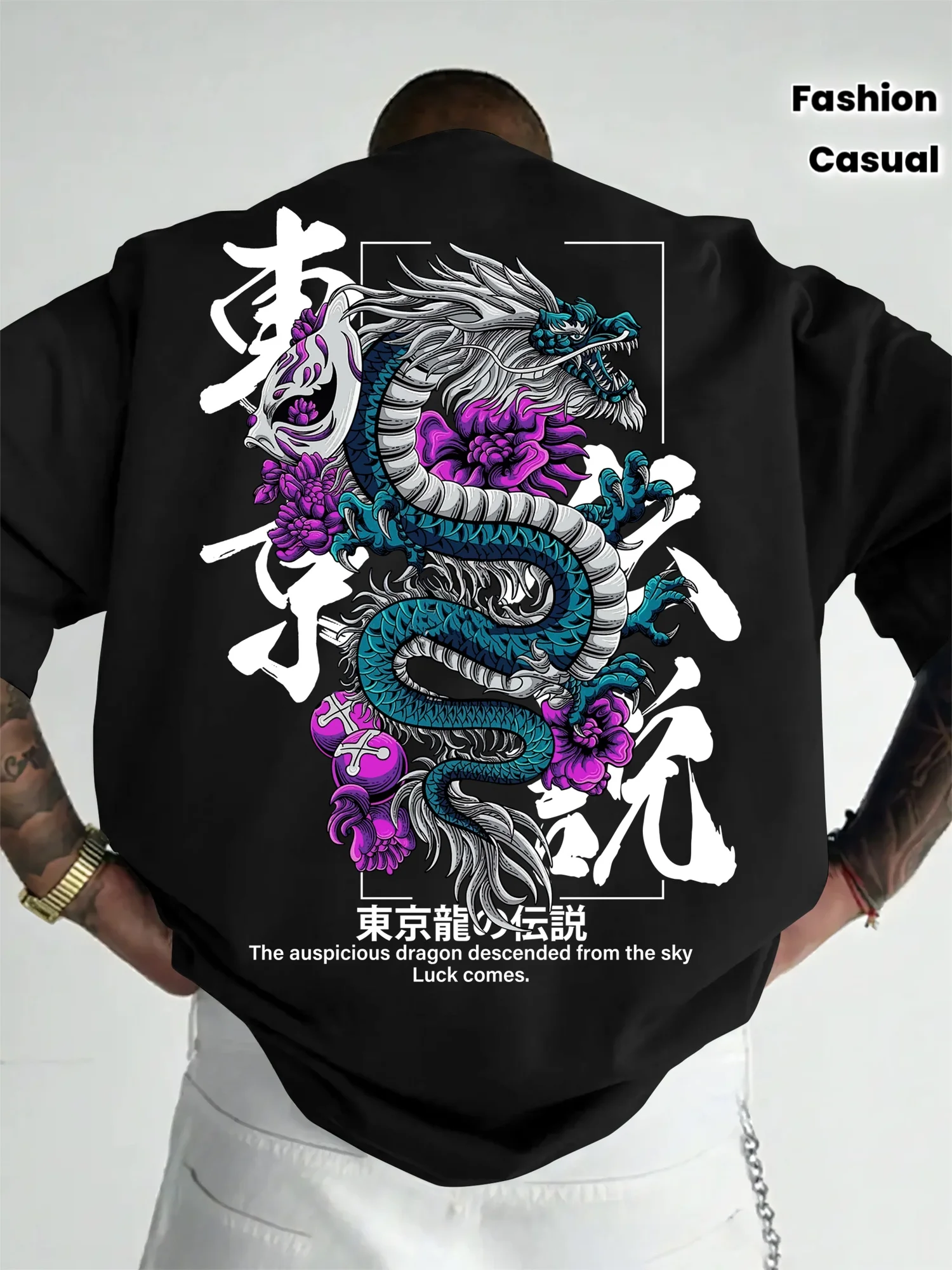 Tokyo Legend Mythical Dragon Landing Printed Men's Casual Sports Street Y2K Trend Short-Sleeved 100% Cotton Men's T-Shirt